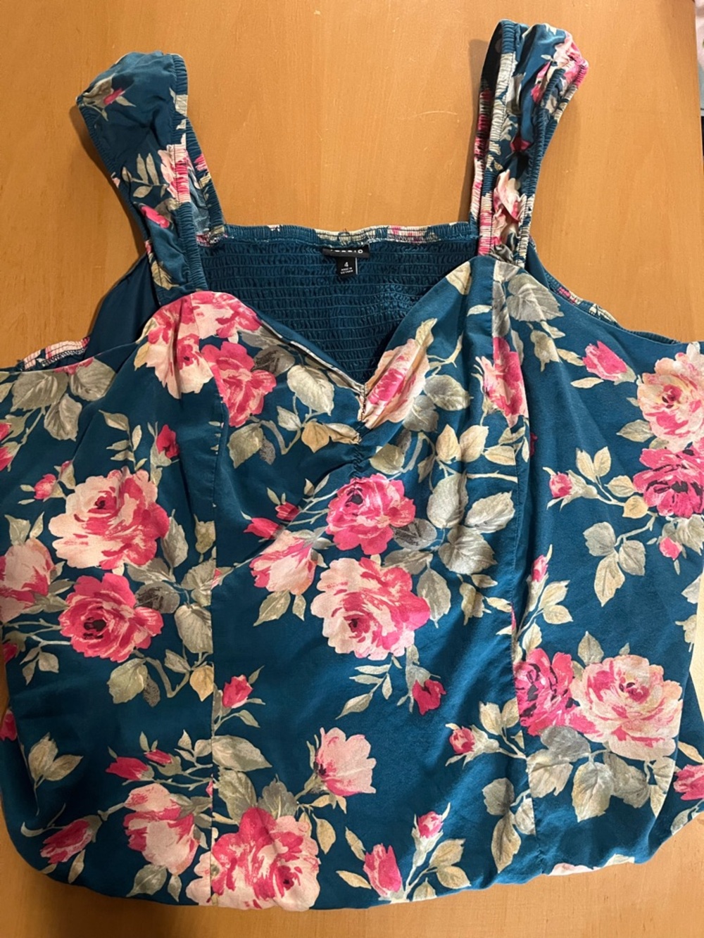 torrid Teal Floral Smocked-Back Tank with Pink Roses